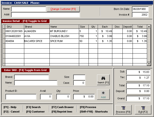WineSoft invoice and point-of-sale screen
