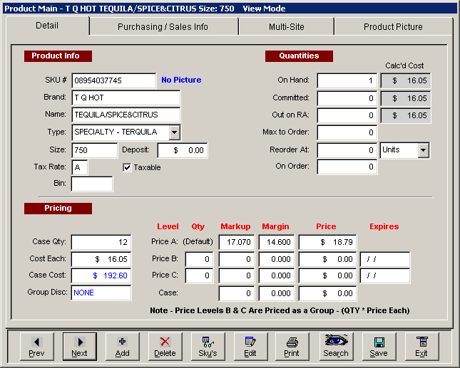 WineSoft product master screen